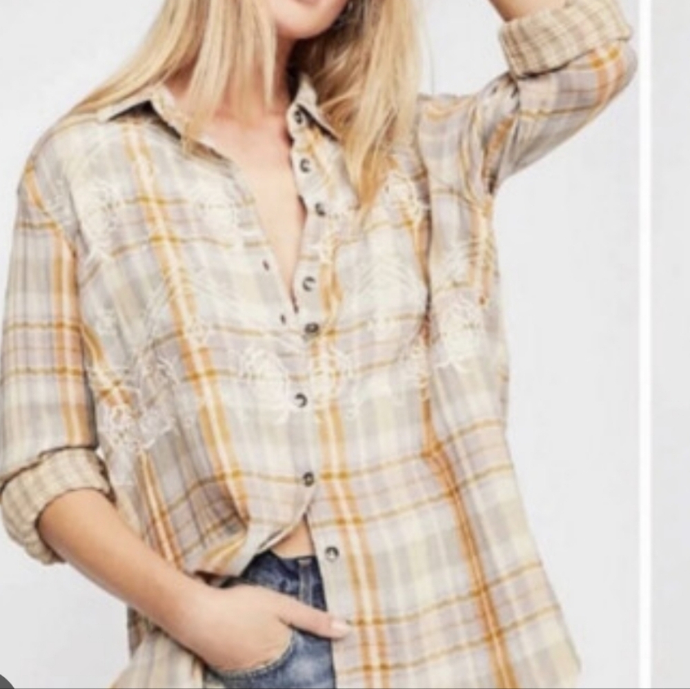NWT Free people magical plaid embroidered shirt Xs
